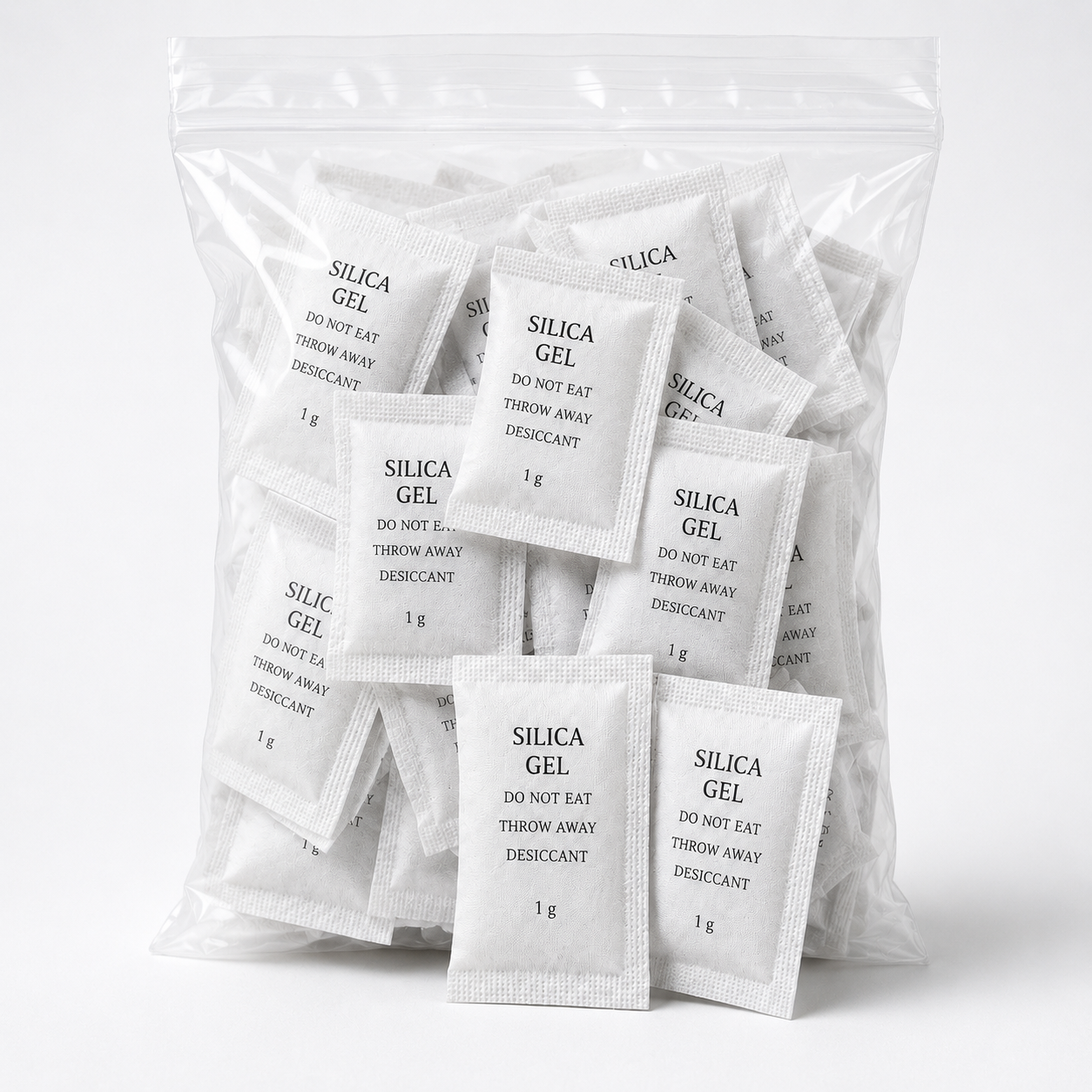 Clear bag containing 1g silica gel sachets