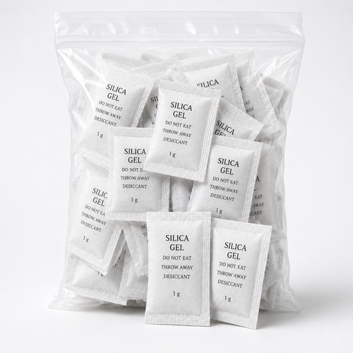 Clear bag containing 1g silica gel sachets