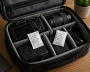 Two 1g silica gel sachets shown with camera and electronics equipment