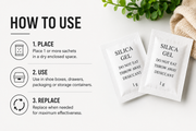 How to use silica gel sachets: place in a dry enclosed space, use in shoe boxes, drawers, packaging or storage containers, and replace when needed